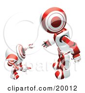 Poster, Art Print Of Red And White Humanoid Robot Bending Over Slightly To Speak To A Short Webcam Spybot On A White Background