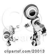 Poster, Art Print Of Black And White Humanoid Robot Bending Over Slightly To Speak To A Short Webcam Spybot On A White Background