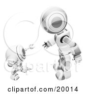 Poster, Art Print Of Chrome And White Humanoid Robot Bending Over Slightly To Speak To A Short Webcam Spybot On A White Background