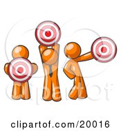 Group Of Three Orange Men Holding Red Targets In Different Positions by Leo Blanchette