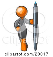 Clipart Illustration Of A Curvy Orange Woman In A Gray Dress Standing With One Hand On Her Hip Holding A Huge Pen