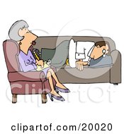 Depressed Man Lying On A Sofa In A Shrinks Office Opening Up To A Middle Aged Psychiatrist Woman As She Takes Notes For His Files