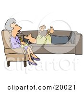 Clipart Illustration Of A Patient Middle Aged Caucasian Woman A Counselor In A Purple Dress Seated Cross Legged In A Chair While Listening To Her Client Vent About His Problems As He Lays On A Sofa In Her Office