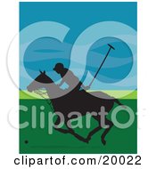 Silhouetted Polo Player Guy On A Galloping Horse Against A Blue And Green Background