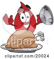 Blood Drop Mascot Cartoon Character Serving A Thanksgiving Turkey On A Platter