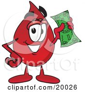 Blood Drop Mascot Cartoon Character Holding A Dollar Bill