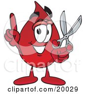 Blood Drop Mascot Cartoon Character Holding A Pair Of Scissors