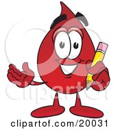 Blood Drop Mascot Cartoon Character Holding A Pencil
