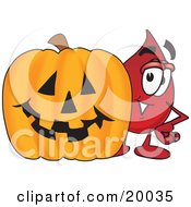 Blood Drop Mascot Cartoon Character With A Carved Halloween Pumpkin