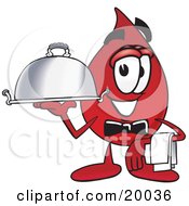 Blood Drop Mascot Cartoon Character Dressed As A Waiter And Holding A Serving Platter