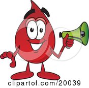 Blood Drop Mascot Cartoon Character Holding A Megaphone