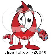 Blood Drop Mascot Cartoon Character Looking Through A Magnifying Glass
