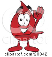 Blood Drop Mascot Cartoon Character Waving And Pointing