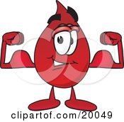 Blood Drop Mascot Cartoon Character Flexing His Arm Muscles
