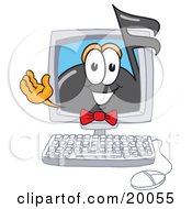 Music Note Mascot Cartoon Character Waving From Inside A Computer Screen