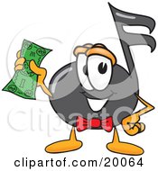 Music Note Mascot Cartoon Character Holding A Dollar Bill