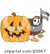 Music Note Mascot Cartoon Character With A Carved Halloween Pumpkin