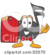 Music Note Mascot Cartoon Character Holding A Red Sales Price Tag