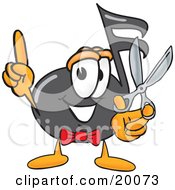 Music Note Mascot Cartoon Character Holding A Pair Of Scissors