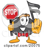 Music Note Mascot Cartoon Character Holding A Stop Sign