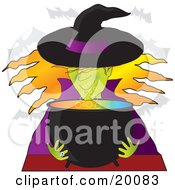 Clipart Illustration Of A Green Skinned Halloween Witch In Purple And Black Smelling Her Colorful Potion In A Cauldron by Maria Bell