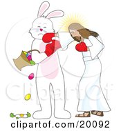 Jesus Boxing With The Easter Bunny Socking Him In The Face As He Spills And Breaks Eggs From A Basket