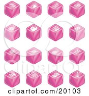 Clipart Illustration Of A Collection Of Pink Cube Icons Of A Microphone Tv Cam Corder Music Notes Film Reel Film Camera Polaroid Picture Record Player Clapboard Sound Off Sound On Film Speaker And Guitar