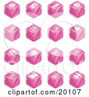 Poster, Art Print Of Collection Of Pink Cube Icons Of Tickets Camera Bed Hotel Bus Restaurant Moon Tree Building Shopping Bags Shopping Cart Bike Wine Glasses Luggage Train Tracks Road And Restrooms