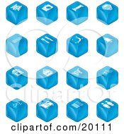 Collection Of Blue Cube Icons Of Tickets Camera Bed Hotel Bus Restaurant Moon Tree Building Shopping Bags Shopping Cart Bike Wine Glasses Luggage Train Tracks Road And Restrooms