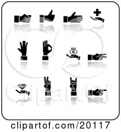 Poster, Art Print Of Collection Of Black Silhouetted Hands Gesturing On A White Background