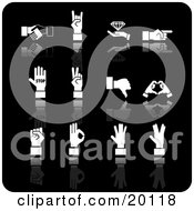 Poster, Art Print Of Collection Of White Handshake Diamond Pointing Stop Peace Thumbs Down Love And Ok Hand Gestures