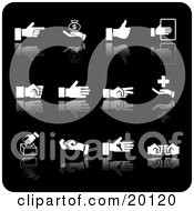 Clipart Illustration Of A Collection Of White Pointing Money Thumbs Up Fist Medical Voting Key And Other Hand Gestures On A Black Background
