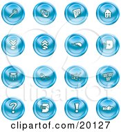 Poster, Art Print Of Collection Of Blue Icons Of A Magnifying Glass Email Home Page Upload Download Mouse Key Disc Padlock Speaker Www Questionmark And Exclamation Point