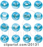 Clipart Illustration Of A Collection Of Blue Entertainment Icons Of A Video Camera Microphone Magic Trick Billiards Blimp Electric Guitar Museum Clapboard Film Strip Theatre Mask Painting Circus Tent Basketball Tv And Music