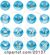 Collection Of Blue Icons Of Music Notes Guitar Clapperboard Atom Microscope Atoms Messenger Painting Book Circus Tent Globe Masks Sports Balls And Math