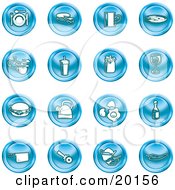 Clipart Illustration Of A Collection Of Blue Icons Of Food And Kitchen Items