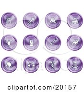 Clipart Illustration Of A Collection Of Purple Strength Icons Of A Weightlifter Man Carrying A Globe Fist Muscles Weights Helmet Elephant Anchor Links And Bull On A White Background