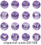 Poster, Art Print Of Collection Of Purple Icons Of Music Notes Guitar Clapperboard Atom Microscope Atoms Messenger Painting Book Circus Tent Globe Masks Sports Balls And Math