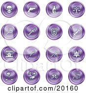 Poster, Art Print Of Collection Of Purple Icons Of A Skull Pistol Poison Scales Magnifying Glass Knife Police Badge Candlestick Prisoner Syringe Sheriff Badge Pills Handcuffs And A Noose