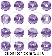 Poster, Art Print Of Collection Of Purple Icons Of A Magnifying Glass Email Home Page Upload Download Mouse Key Disc Padlock Speaker Www Questionmark And Exclamation Point