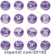 Poster, Art Print Of Collection Of Purple Icons Of Cars A Log Cash Lemon Dealer Ads Key Wrench Engine Handshake And Money