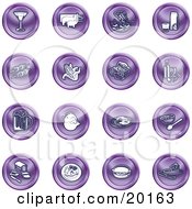 Clipart Illustration Of A Collection Of Purple Food Icons Of A Martini Pigs Fish Juice Kebobs Corn Wine Beer Chicken Breakfast Fruit Bread Meal Burger And Cheese