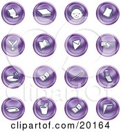Poster, Art Print Of Collection Of Purple Icons Of A Cash Register Book Customer Service Medal Envelope Handshake Pie Chart Pen Cell Phone Credit Card And Folder