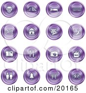 Poster, Art Print Of Collection Of Purple Icons Of A Hotel Road By Train Tracks Bed Bus Wine Glasses Tickets Moon Luggage Diner Camera Shopping Restrooms Tree Shopping Carts And Bicycle