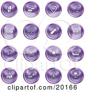 Clipart Illustration Of A Collection Of Purple Icons Of A Knee Joint Pills Heart Wheat Shoes Chart Water Bottle Weights Bike Swimmer Fitness Clothes Muscles Lungs And Trophy