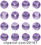 Clipart Illustration Of A Collection Of Purple Icons Of A Calendar Cables Shopping Cart Camera Check Mark Fortress News Trash Can Chart Networking And Information