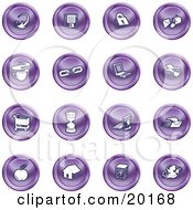 Clipart Illustration Of A Collection Of Purple Icons Of An Arrow Floppy Disc Padlock Mail Coffee Link Laptop Printer Shopping Cart Hourglass Computer Email Apple House Camera And Globe