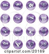 Collection Of Purple Icons Of A Big Rig Paint Roller Cogs Oil Turbines Ship Saw Wrench Pliers Shovel Hammer Gardening And Brick Laying
