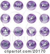 Clipart Illustration Of A Collection Of Purple Business Icons Of Business People Management Hand Shake Lightbulb Cash Charts And Money Bags