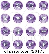 Clipart Illustration Of A Collection Of Purple Icons Of A Bomb Computer Letter Magnifying Glass Book Film Cogs Eye Door Flashlight Messenger Padlocks And Reminder